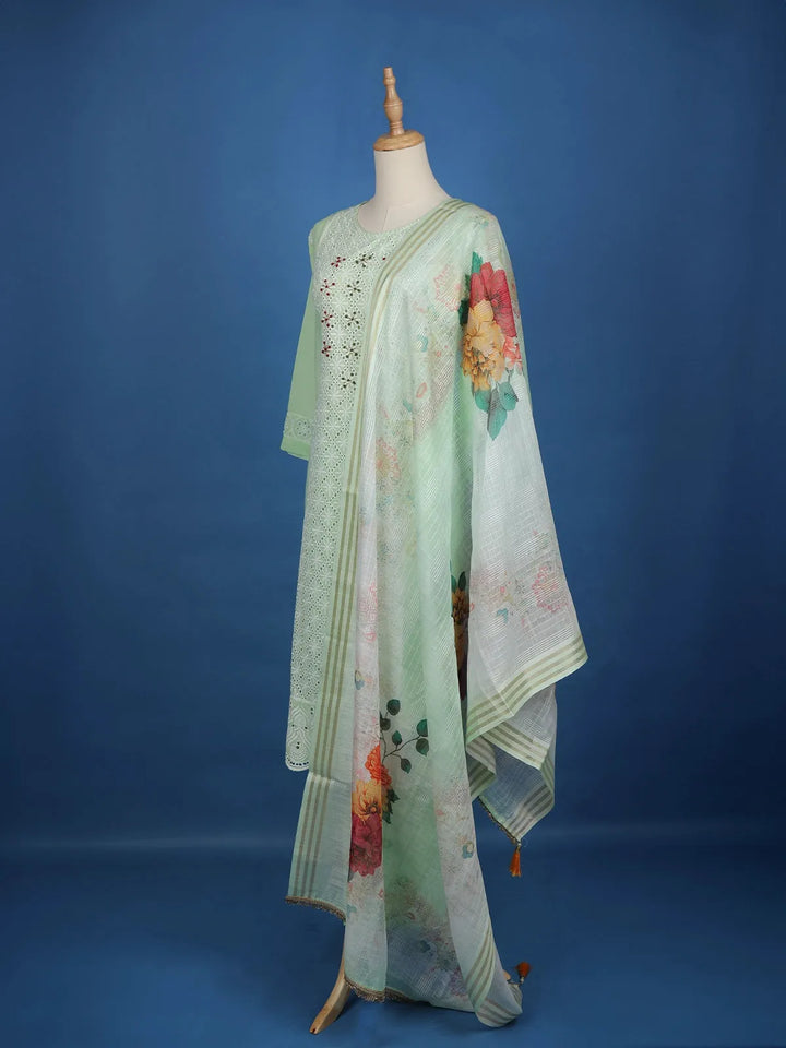 Pista Green Floral Embroidery Cotton Salwar Suit - Diadem