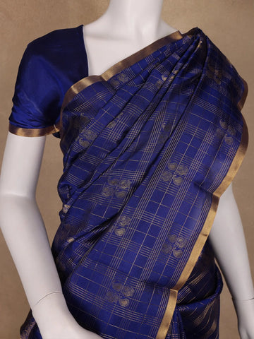 Royal Blue Checked Peacock Motif Kanchipuram Silk Saree - Diadem