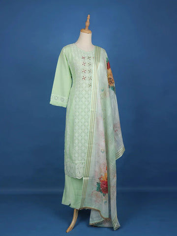 Pista Green Floral Embroidery Cotton Salwar Suit - Diadem