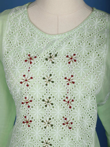 Pista Green Floral Embroidery Cotton Salwar Suit - Diadem