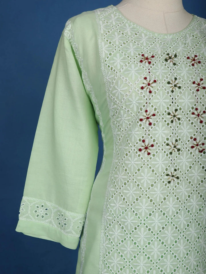 Pista Green Floral Embroidery Cotton Salwar Suit - Diadem