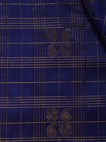Royal Blue Checked Peacock Motif Kanchipuram Silk Saree - Diadem