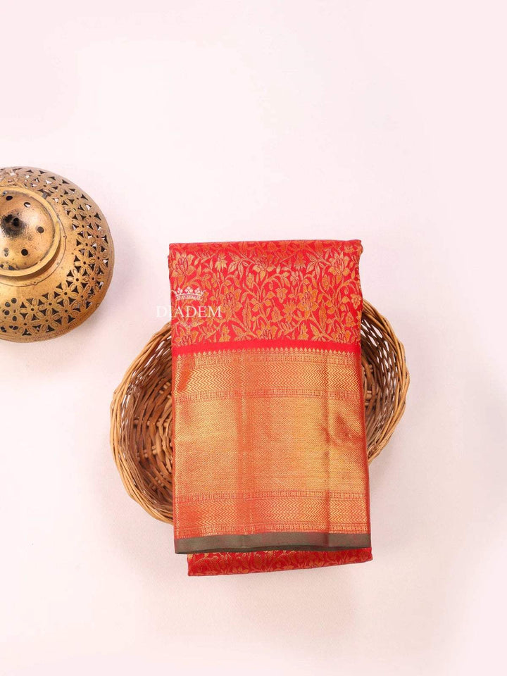 Red Pure Kanchipuram Bridal Silk Saree with Floral Motif on the body and Zari Border - Diadem