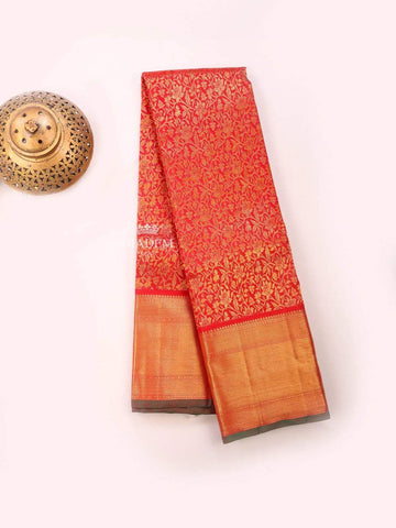 Red Pure Kanchipuram Bridal Silk Saree with Floral Motif on the body and Zari Border - Diadem