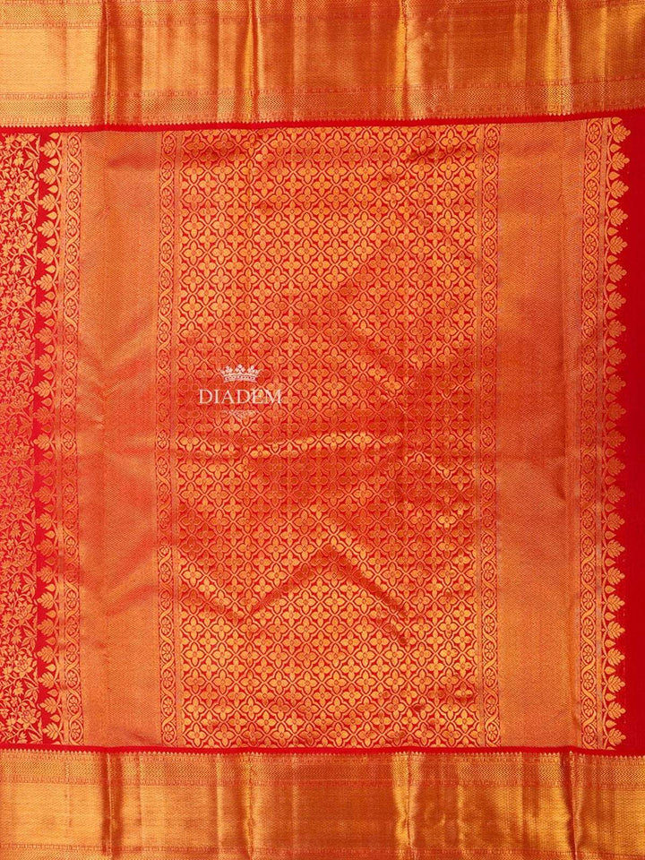 Red Pure Kanchipuram Bridal Silk Saree with Floral Motif on the body and Zari Border - Diadem