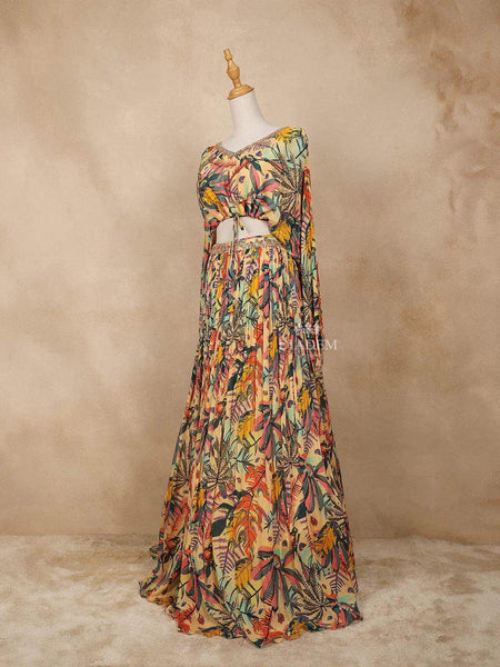 Mustard Georgette Lehenga Adorned with Floral Prints and Embroidery - Diadem