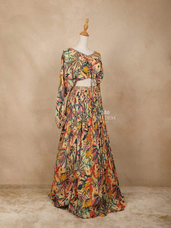 Mustard Georgette Lehenga Adorned with Floral Prints and Embroidery - Diadem