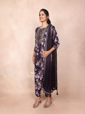 Dark Purple Cotton Straight Cot Salwar Suit for Women Adorned with Embroidery with Floral Design Paired with Dupatta - Diadem