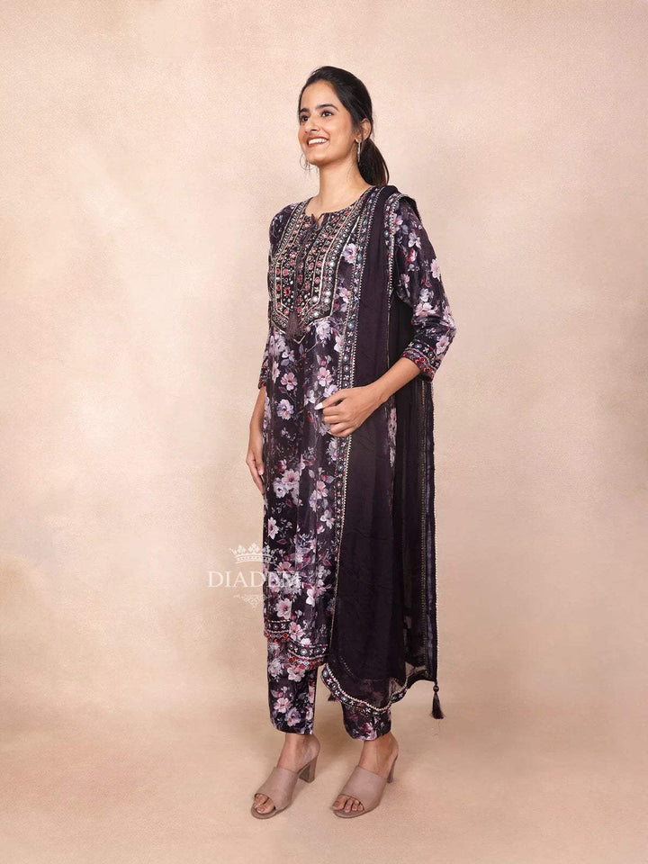 Dark Purple Cotton Straight Cot Salwar Suit for Women Adorned with Embroidery with Floral Design Paired with Dupatta - Diadem