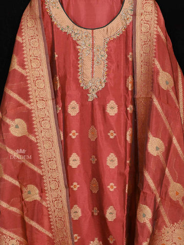 Coral Red Semi Banaras Straight Cut Salwar Suit for Women Adorned with Floral Prints and Embroidery paired with Dupatta - Diadem