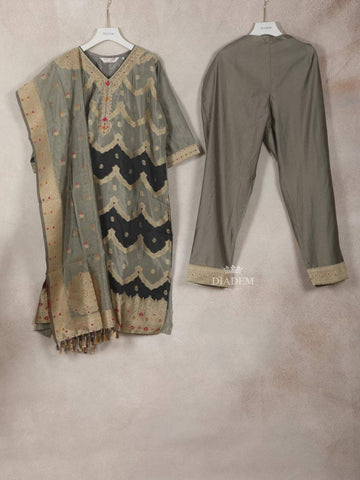 Grey Semi Banarasi Straight Cut Salwar Suit Adorned with Sequins and Prints Paired with Dupatta - Diadem