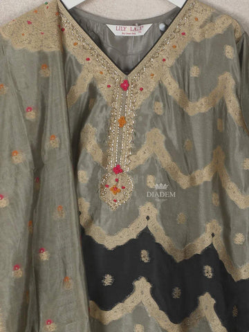 Grey Semi Banarasi Straight Cut Salwar Suit Adorned with Sequins and Prints Paired with Dupatta - Diadem