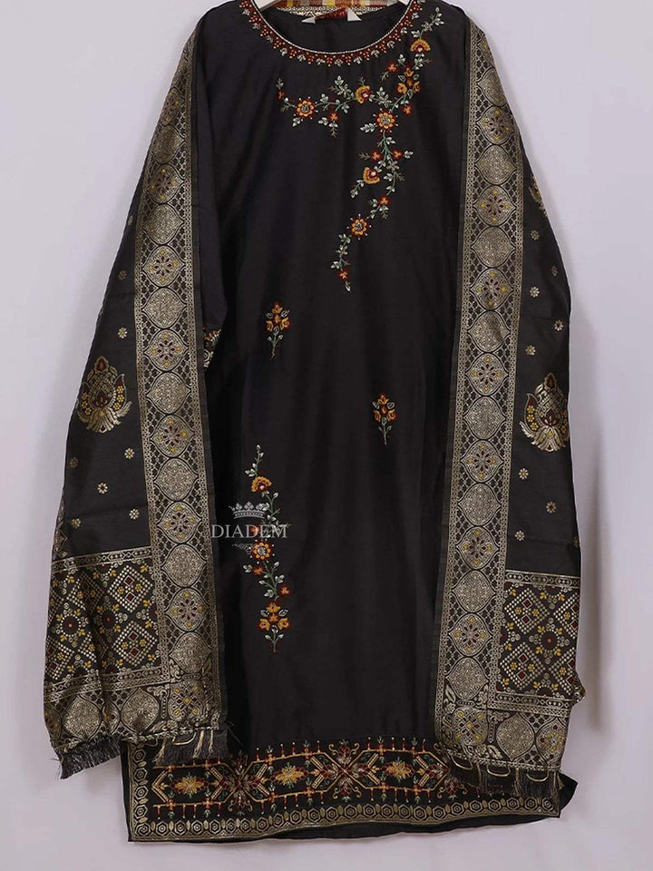 Black Semi Banarasi Straight Cut Salwar Suit Adorned with Floral Embroidery paired with Dupatta - Diadem