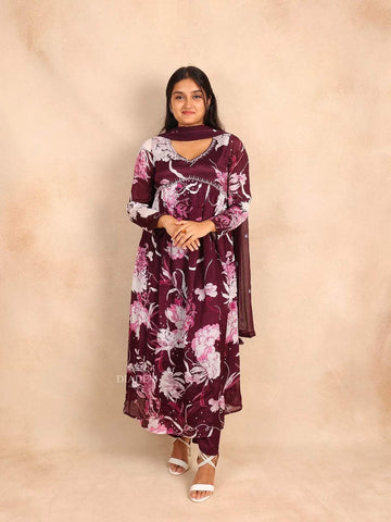 Wine Straight Cut Salwar Suit in Crepe with Floral Prints and Beads paired with Dupatta - Diadem