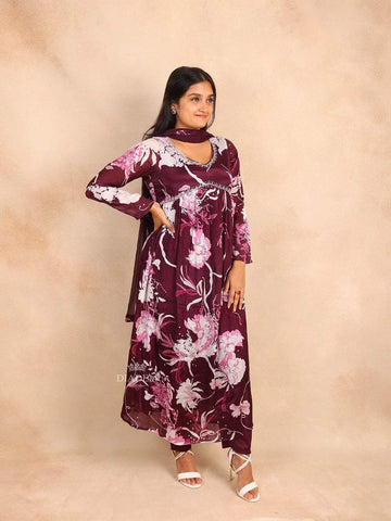 Wine Straight Cut Salwar Suit in Crepe with Floral Prints and Beads paired with Dupatta - Diadem