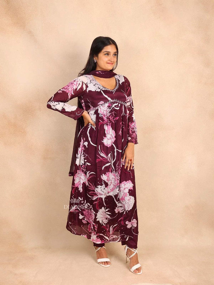 Wine Straight Cut Salwar Suit in Crepe with Floral Prints and Beads paired with Dupatta - Diadem