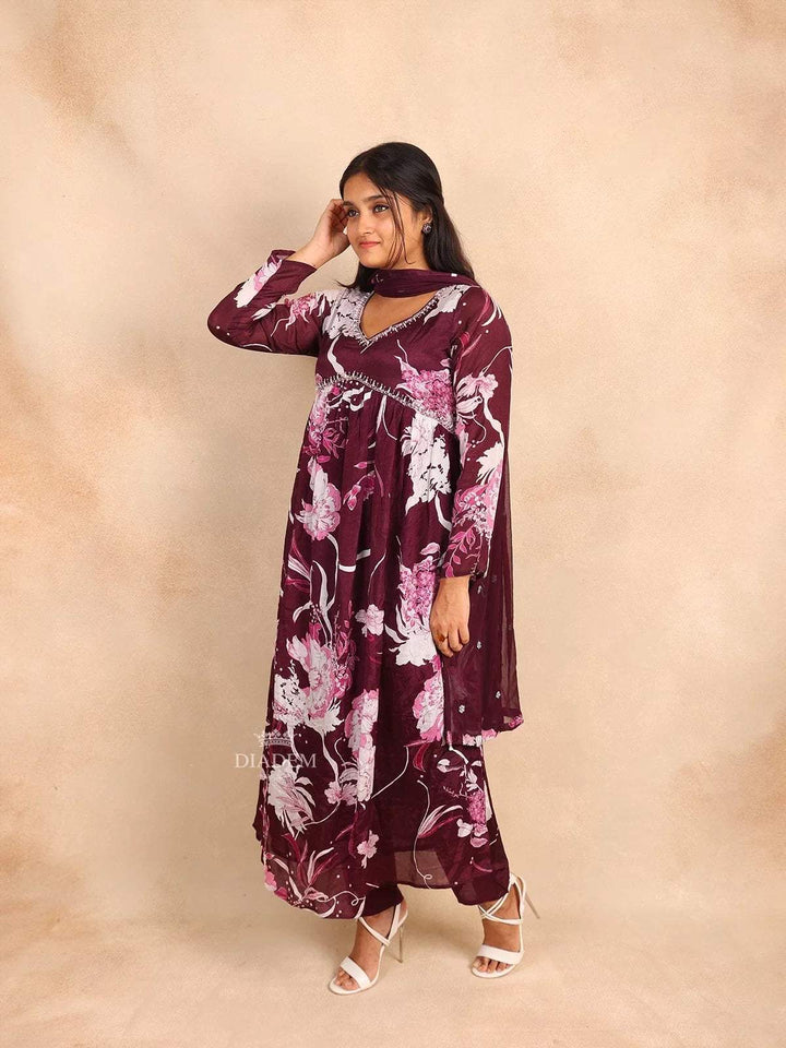 Wine Straight Cut Salwar Suit in Crepe with Floral Prints and Beads paired with Dupatta - Diadem