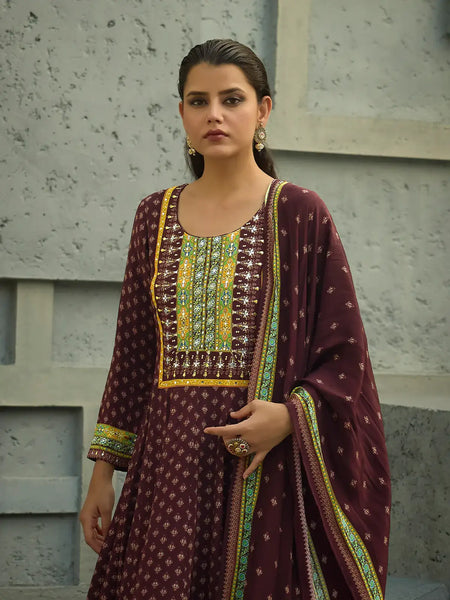 Maroon Floral Printed Synthetic Salwar Suit - Diadem