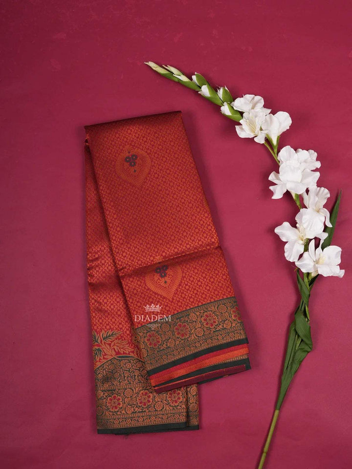 Red Art Silk Saree with Floral And Check Design on the Body with Contrast Designed Border - Diadem