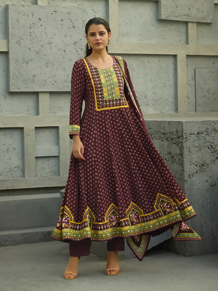 Maroon Floral Printed Synthetic Salwar Suit - Diadem