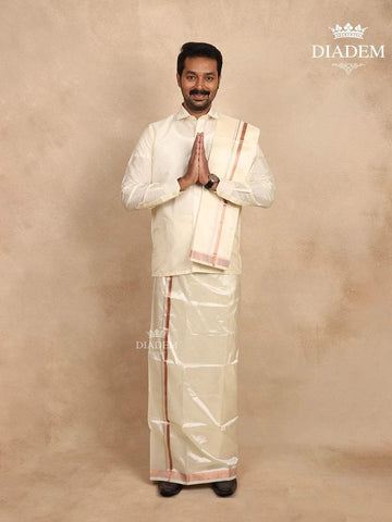 Ivory Silk Dhoti with Shirt, Paired with Towel - Diadem