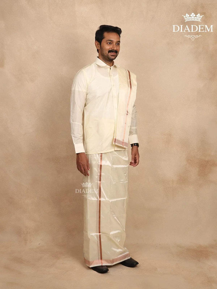 Ivory Silk Dhoti with Shirt, Paired with Towel - Diadem