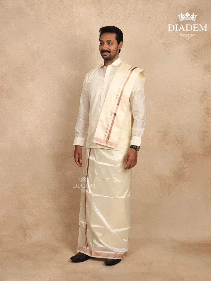 Ivory Silk Dhoti with Shirt, Paired with Towel - Diadem