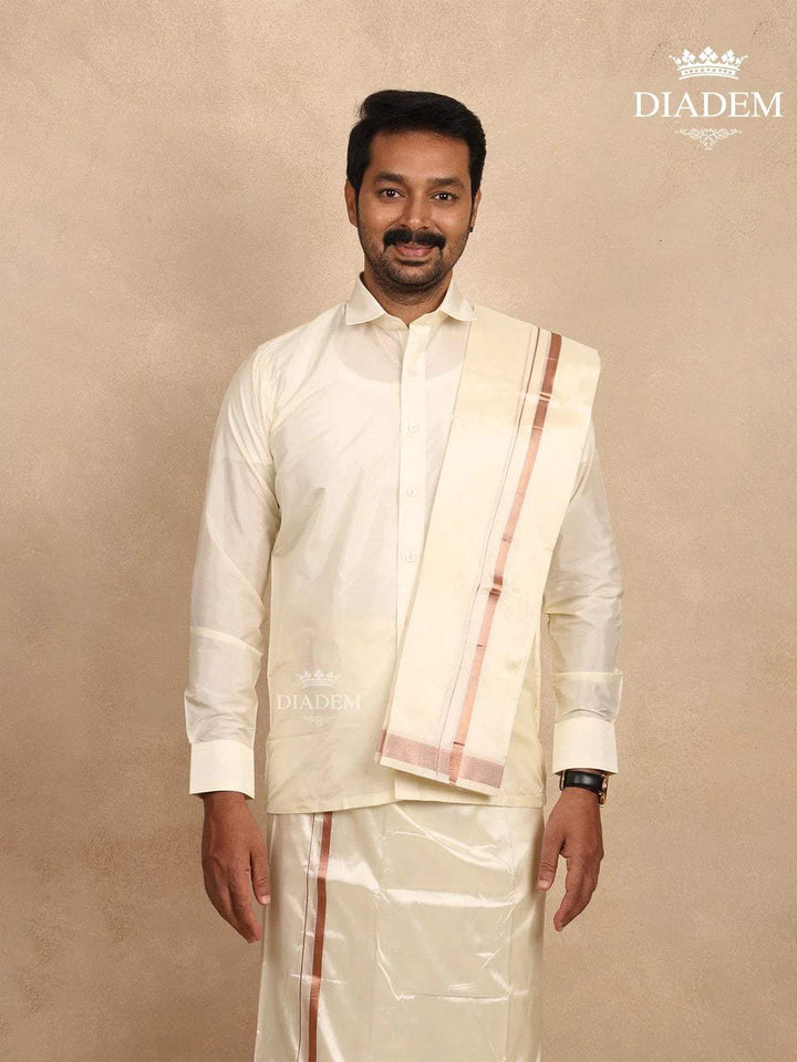 Ivory Silk Dhoti with Shirt, Paired with Towel - Diadem