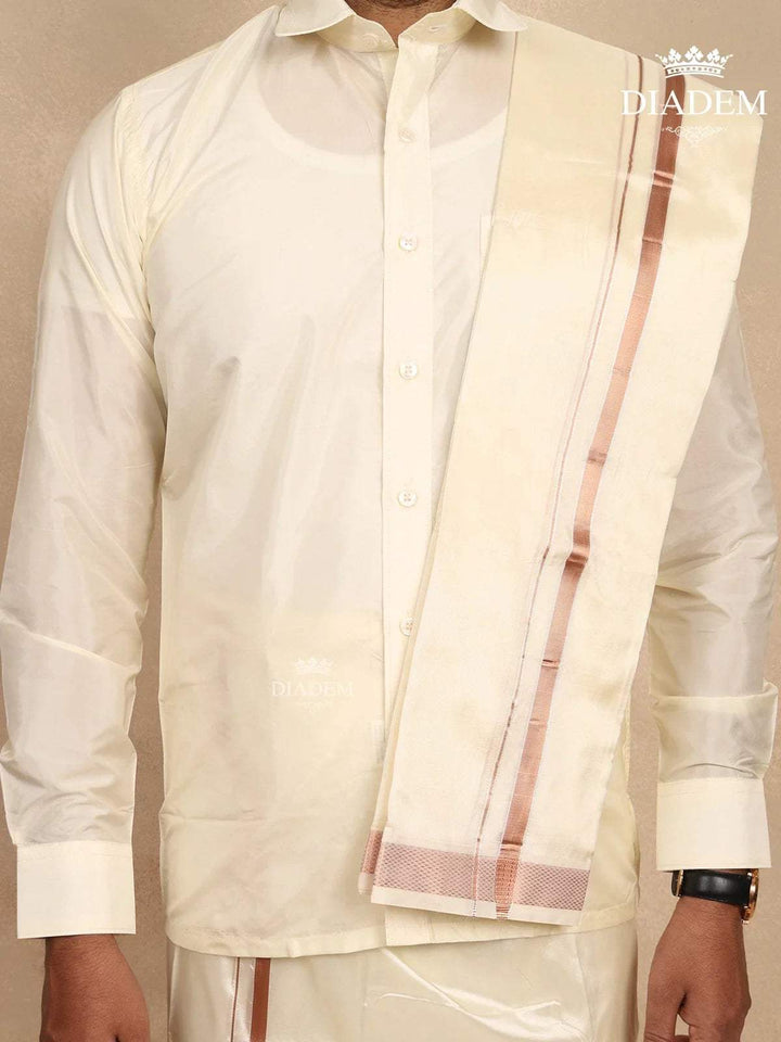 Ivory Silk Dhoti with Shirt, Paired with Towel - Diadem