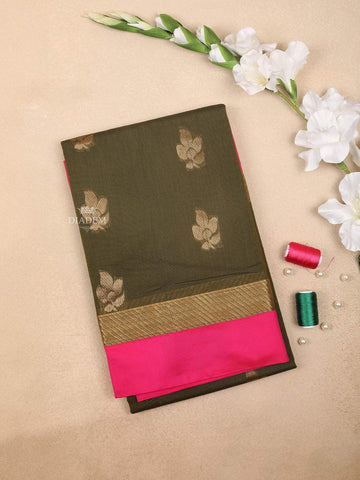 Olive Green Silk Cotton Saree with Flower Motif Design on the Body and Contrast Zari Border - Diadem