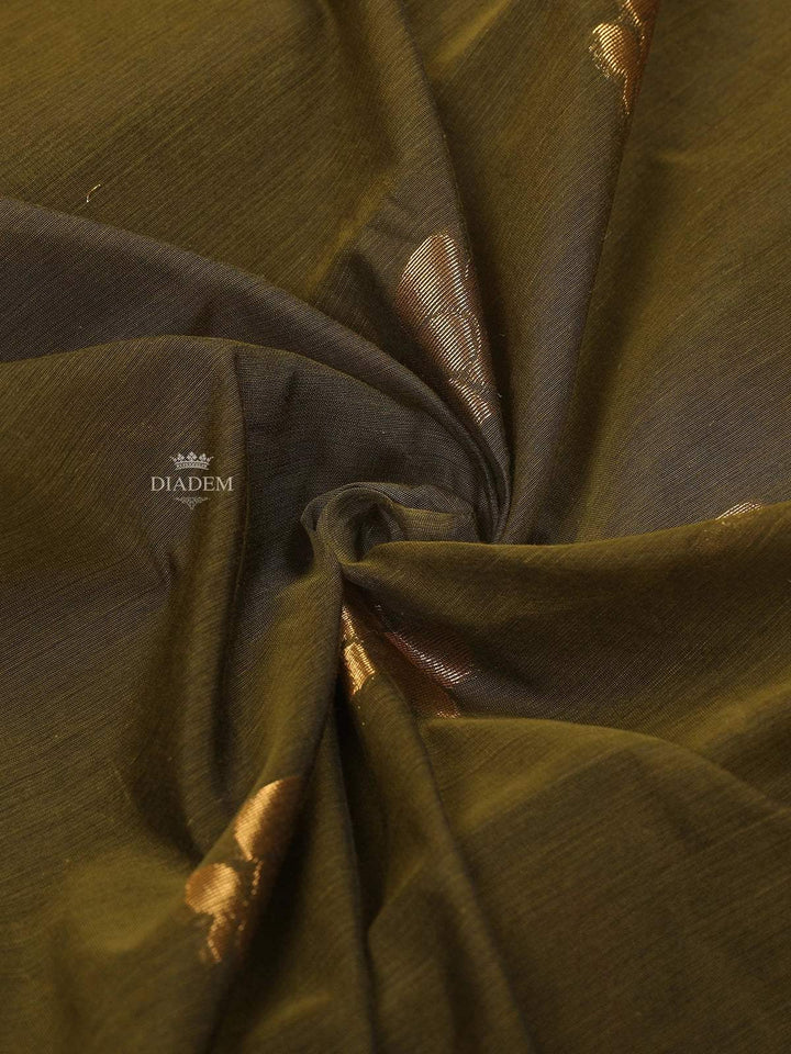 Olive Green Silk Cotton Saree with Flower Motif Design on the Body and Contrast Zari Border - Diadem