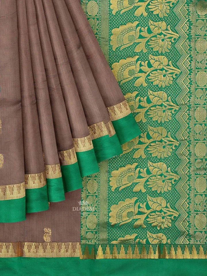 Brown Silk Cotton Saree with Zari Butta on the body and Contrast Temple Zari Border - Diadem