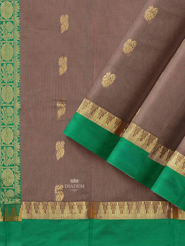 Brown Silk Cotton Saree with Zari Butta on the body and Contrast Temple Zari Border - Diadem