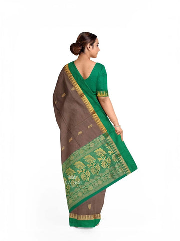 Brown Silk Cotton Saree with Zari Butta on the body and Contrast Temple Zari Border - Diadem