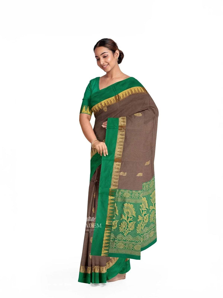 Brown Silk Cotton Saree with Zari Butta on the body and Contrast Temple Zari Border - Diadem