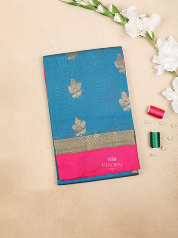 Blue Silk Cotton Saree with Floral Design on the Body with Contrast Zari Border - Diadem