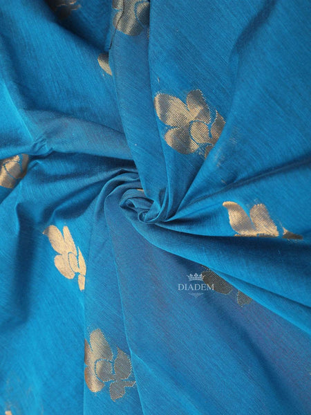 Blue Silk Cotton Saree with Floral Design on the Body with Contrast Zari Border - Diadem