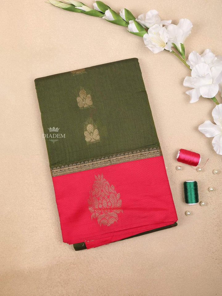 Dark Green Silk Cotton Saree with Floral Motif Design on the Body and Contrast Zari Border - Diadem