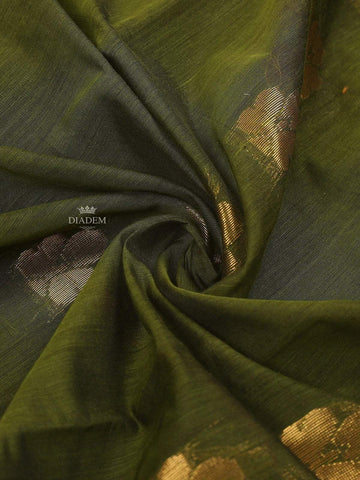 Dark Green Silk Cotton Saree with Floral Motif Design on the Body and Contrast Zari Border - Diadem