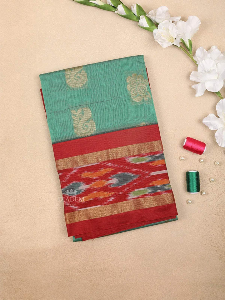 Green Silk Cotton Saree with Paisley and Floral Motif Design on the Body with Contrast Border - Diadem