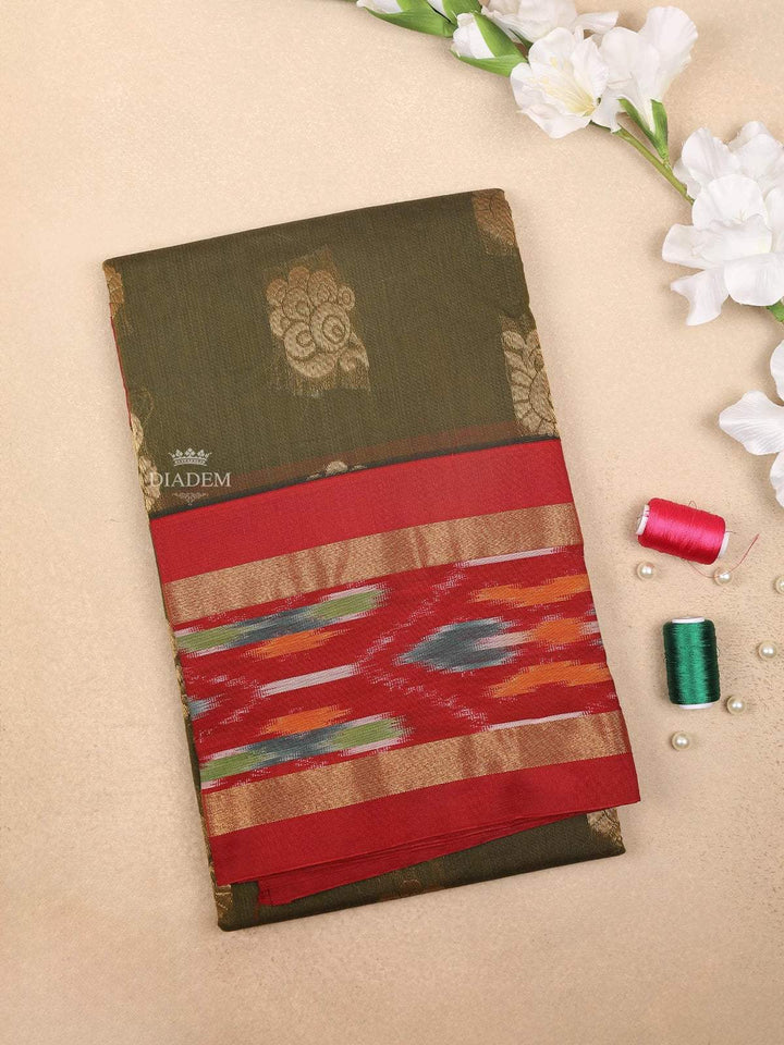 Olive Green Silk Cotton Saree with Floral Motif Design on the Body and Contrast Border - Diadem