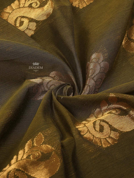 Olive Green Silk Cotton Saree with Floral Motif Design on the Body and Contrast Border - Diadem