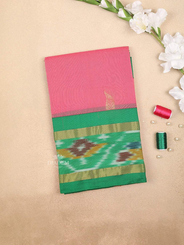 Pink Silk Cotton Saree with Leaf Motif on the Body with Designed Contrast Border - Diadem