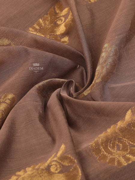 Light Brown Silk Cotton Saree With Zari Butta on the Body and Contrast Border - Diadem