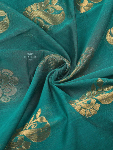 Light Brown Silk Cotton Saree Featuring Geometric Prints Across The Body With Golden Traditional Border - Diadem