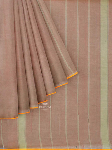 Light Brown Kanchi Cotton Saree with Stripes on the Body and Contrast Zari Border - Diadem