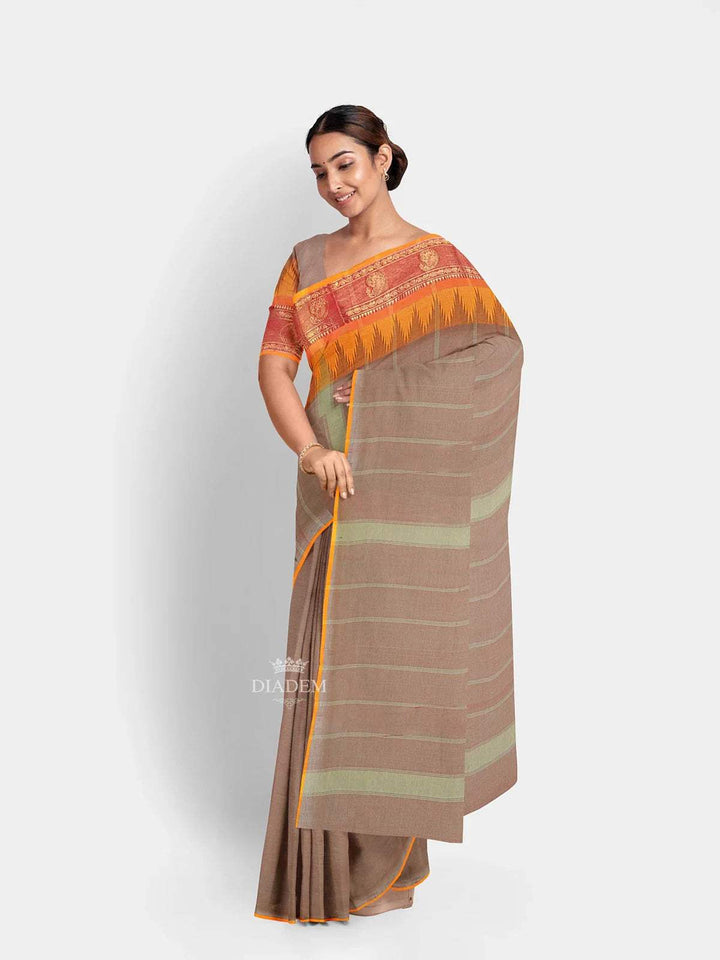 Light Brown Kanchi Cotton Saree with Stripes on the Body and Contrast Zari Border - Diadem