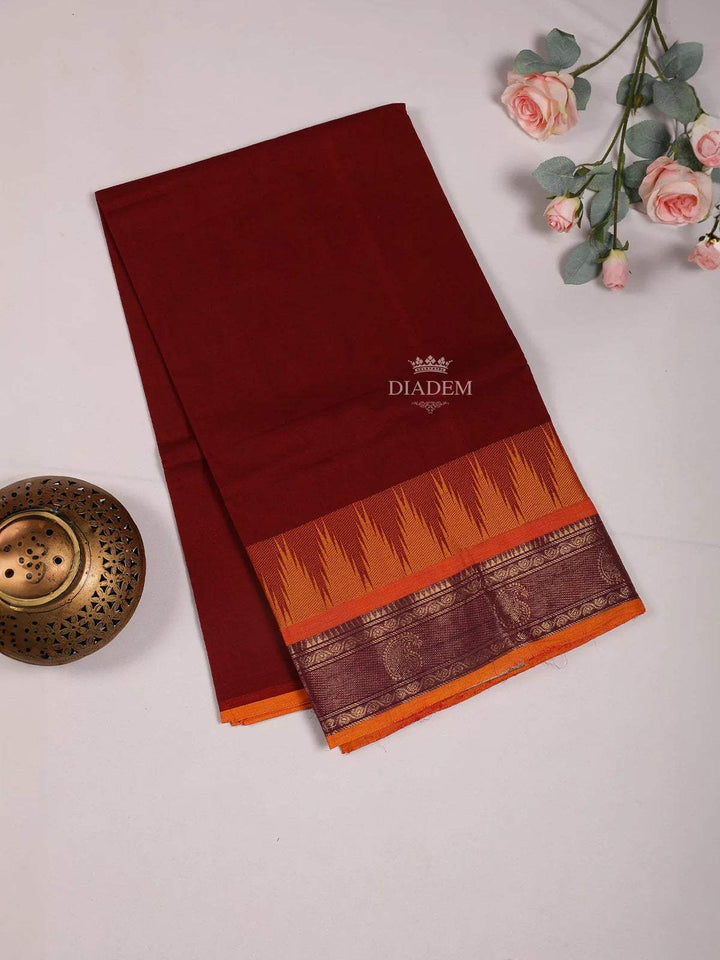 Dark Brown Cotton Saree with Plain Body and Contrast Border - Diadem