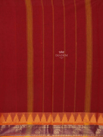 Dark Brown Cotton Saree with Plain Body and Contrast Border - Diadem