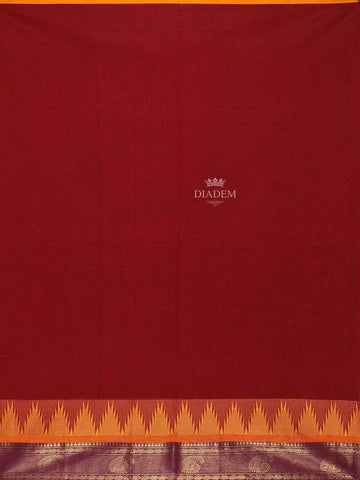 Dark Brown Cotton Saree with Plain Body and Contrast Border - Diadem